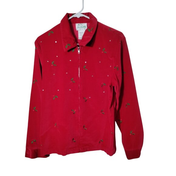 The Quaker Factory Sz M Red Holly Rhinestone Jacket Christmas Coat Embroidered - Picture 1 of 8